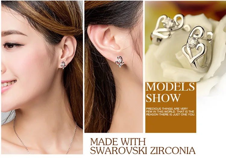 Модные женские серьги гвоздики инкрустированные кристаллами с двойным сердцем