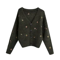 women 2021 fashion floral embroidery knitted cardigan sweater vintage long sleeve button up female outerwear chic tops
