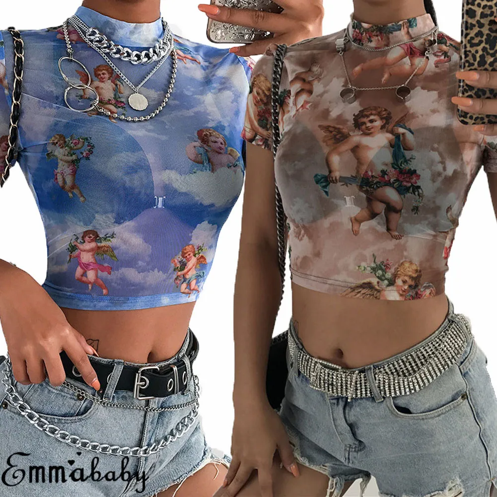 Женский прозрачный кроп-топ с короткими рукавами сетчатый топ рыбками летняя