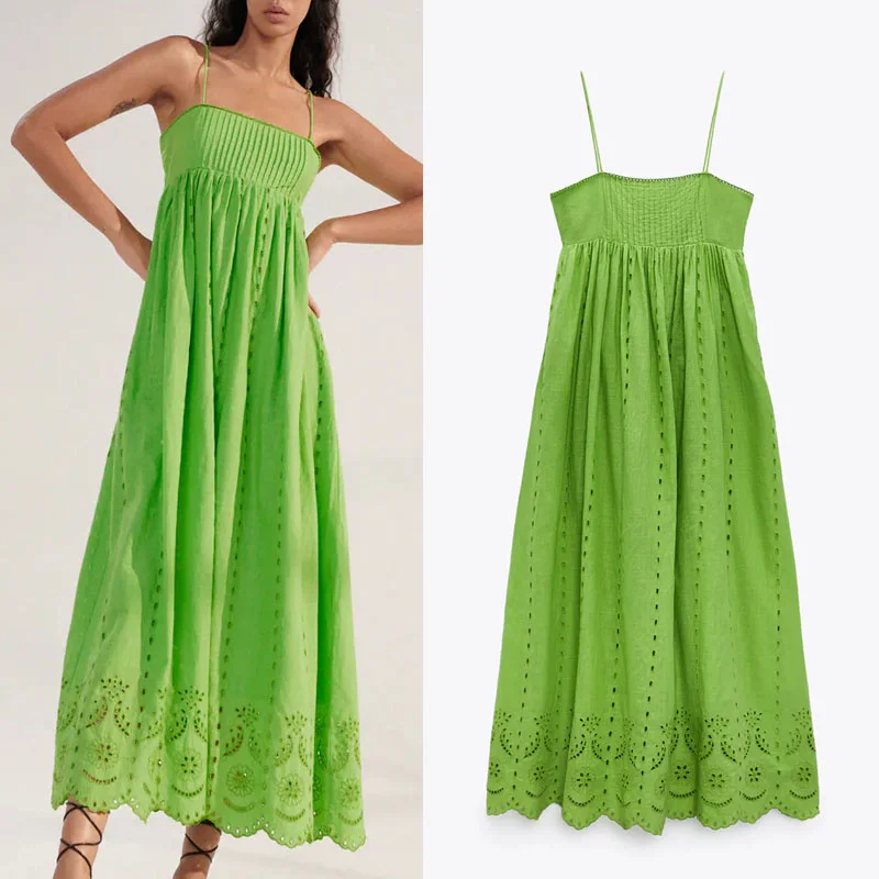 

Za 2021 Green Openwork Embroidery Woman Dress Summer Straight Neck Pleat Dress Sexy Spaghetti Straps Backless Midi Dresses Femal