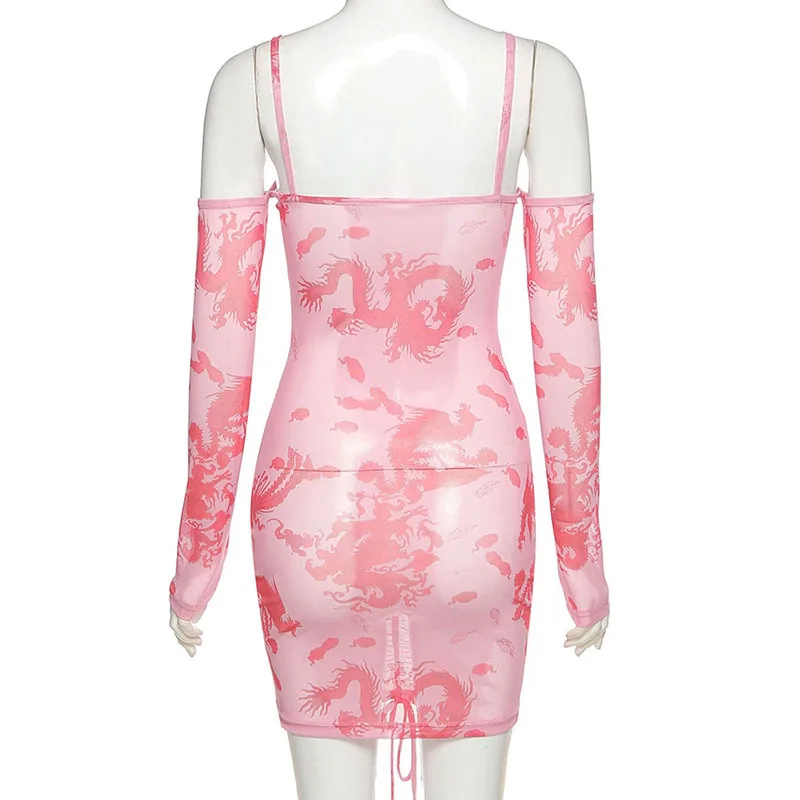 

2021 Dragon Print Mesh Ruched Dress Thin Strap Off Shoulder Long Sleeve Skinny Bodycon Women Sexy Party Night Mini Dresses