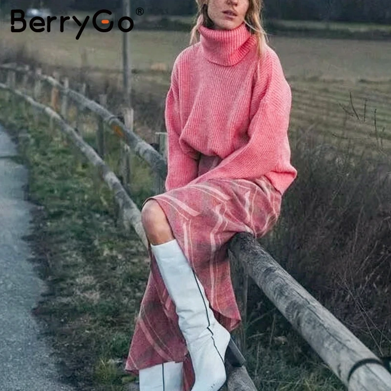 BerryGo Turtleneck women knitted sweaters Autumn winter pink female pullover jumpers Streetwear oversize ladies pure | Женская одежда