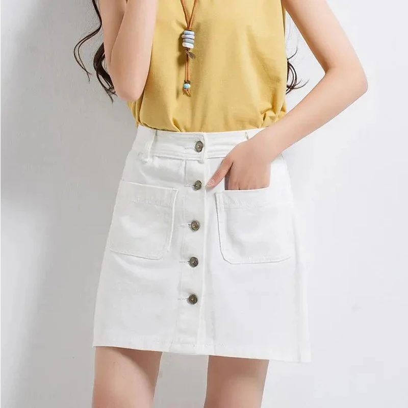 

Korean fashion denim skirt high waist A-line mini skirt female 2021 summer new product single button pocket blue denim skirt