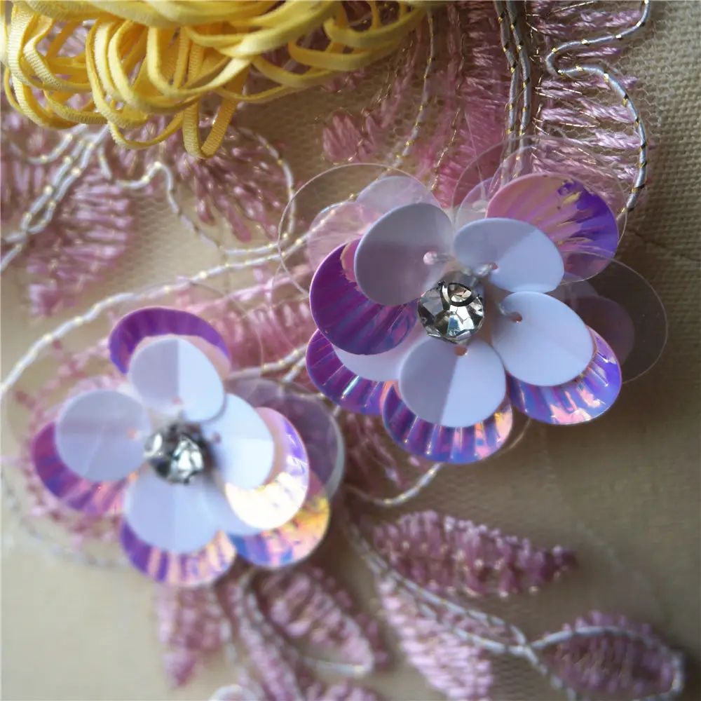 Розовый Желтый 3D Цветочная кружевная ткань бусины вышитая одежда аппликации