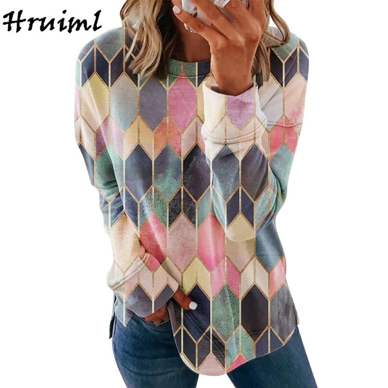 

Tops Pullovers Fashion Casual Loose Fall 2020 Women Clothing Round Neck Rhombus Printed Fleece Long-sleeved Sweatershirt