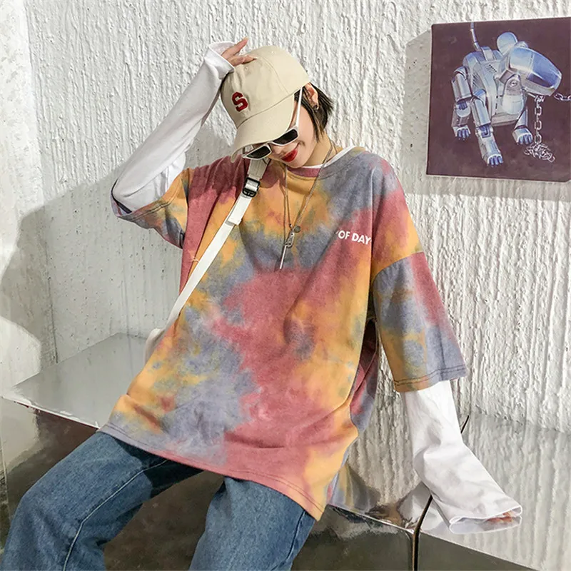 

Oversized Women Tid Dye Short Sleeve Casual Harajuku Female O Neck Loose Ladies Girls Korean Style Clothes Summer New Mujer Tops