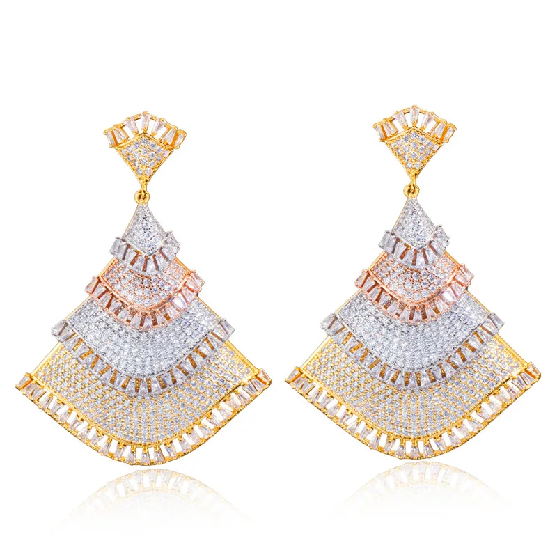

European and American Three Color Full Diamond Zircon Earrings and Fan Earrings