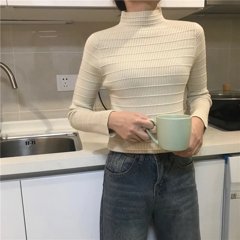 Женский джемпер с длинным рукавом элегантный облегающий вязаный пуловер высоким
