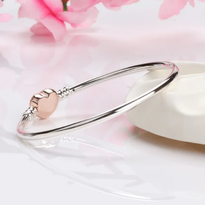 

Original 925 Sterling Silver Pan Bracelet Rose Gold Heart With Crystal Button Bracelet Fit European Charm Bracelets Jewelry