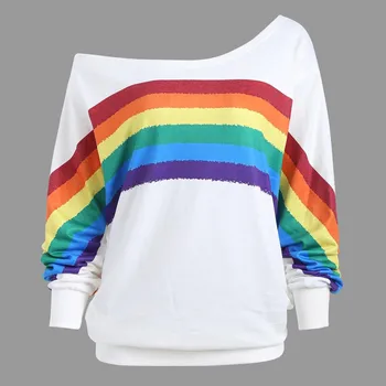Rainbow Sweatshirt Women Skew Collar Off Shoulder Colorful Stripe Printing Long Sleeve Hoodies Polerones Mujer Women Sweatshirt 1