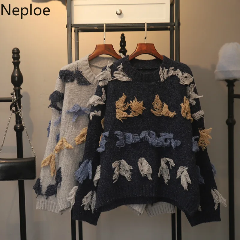 Neploe Pull Femme лоскутный свитер с кисточками Джемперы осенний Повседневный вязаный пуловер Модный трикотажный свитер с круглым вырезом и длинными рукавами 54920