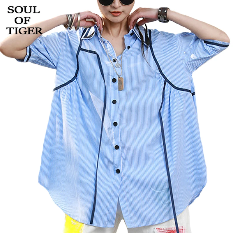 

SOUL OF TIGER 2021 Korean New Style Summer Tops Womens Casual Striped Loose Shirts Ladies Vintage Printed Punk Blouse Plus Szie