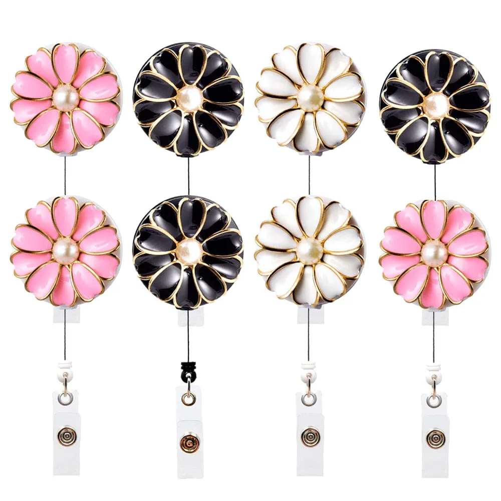 Fashion 8PCS Lot ID Badge Reel with Pearl Retractable 3 Colors Badge Holder with Alligator Clip 24 Inch Retractable Cord
