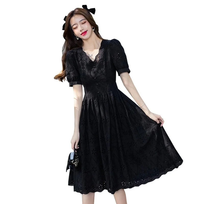 

Spring 2021 Summer V-neck White Black Lace Elegant Slim Mid Length Solid Dress