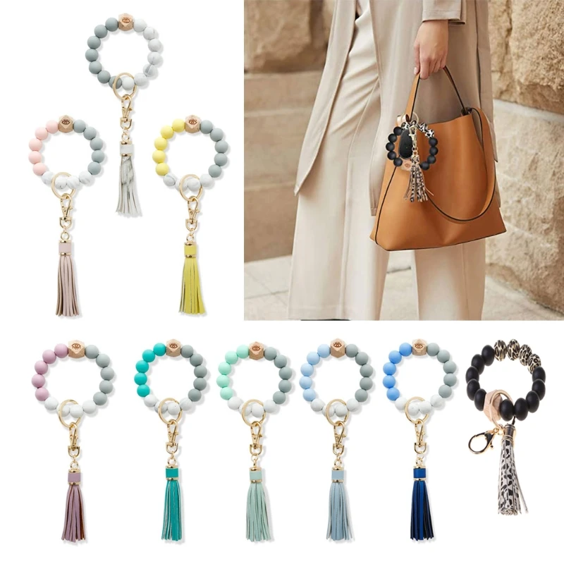 

Natural Wood Eye Charm Bracelet keychain Wristlet Leather Tassel Food Grade Silicone Bead Key Ring Bracelet for Women