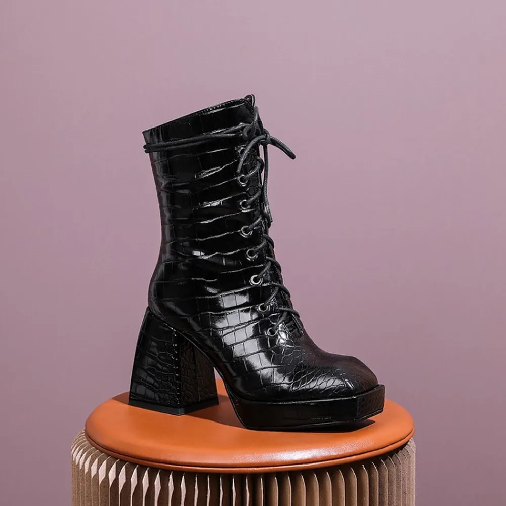 

Женские ботильоны на платформе, с острым носком, под крокодиловую кожу, мотоциклетные ботинки на массивном высоком каблуке, черные, US4-11, в ст...