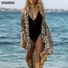 INGAGA Leopard Long Beach Dress Sexy Cardigan Womens Swimsuit 2021 Cover Up Half Sleeve Swimwear Women Belted Bathing Suit