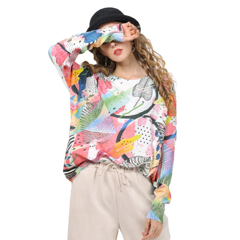 

Long Sleeve Digital Print Knitwear Loose Bat Sleeve Pullovera and Sweaters Women Clothing Casual Outerwear Sueter Mujer TA6321