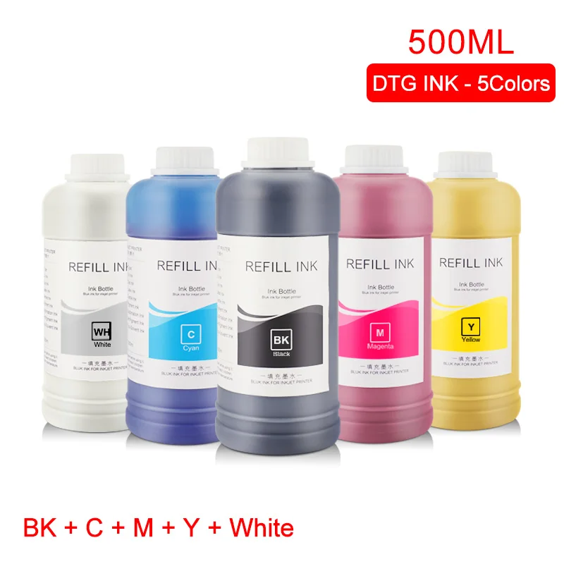 500 мл/набор чернила DTG текстильные чернила для одежды для Epson DX5 DX7 R330 1390 1400 R1900 R2000 F2000 F2100(BK C M Y белая предварительная обработка - Цвет: BK C M Y White