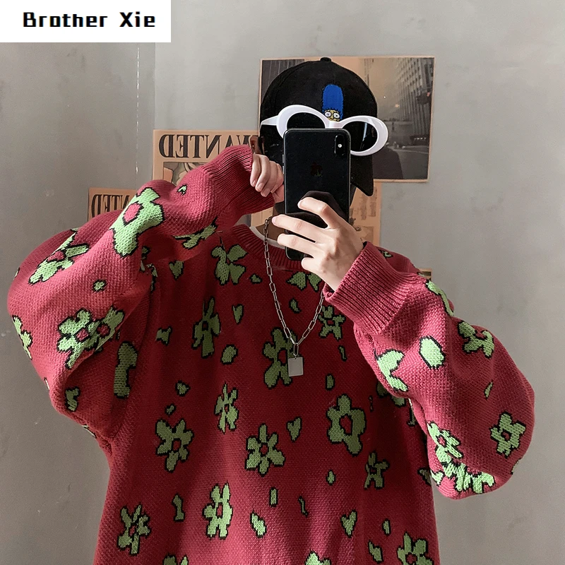 Цветочный свитер мужской теплый Модный повседневный вязаный пуловер с круглым