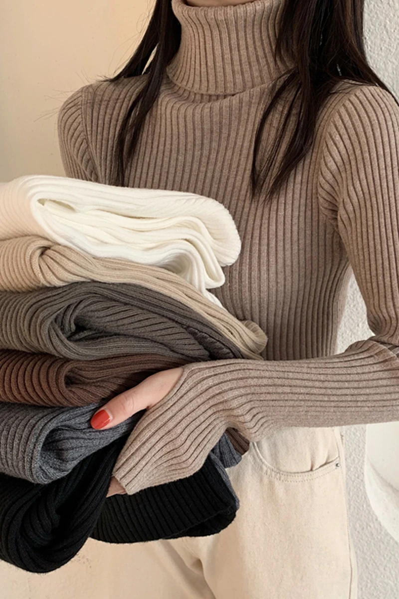 

Thickened Wide Striped Turtleneck Sweater Bottoming Shirt Top Autumn Winter Heap Collar Long Sleeves Knitwear Women's Clothing