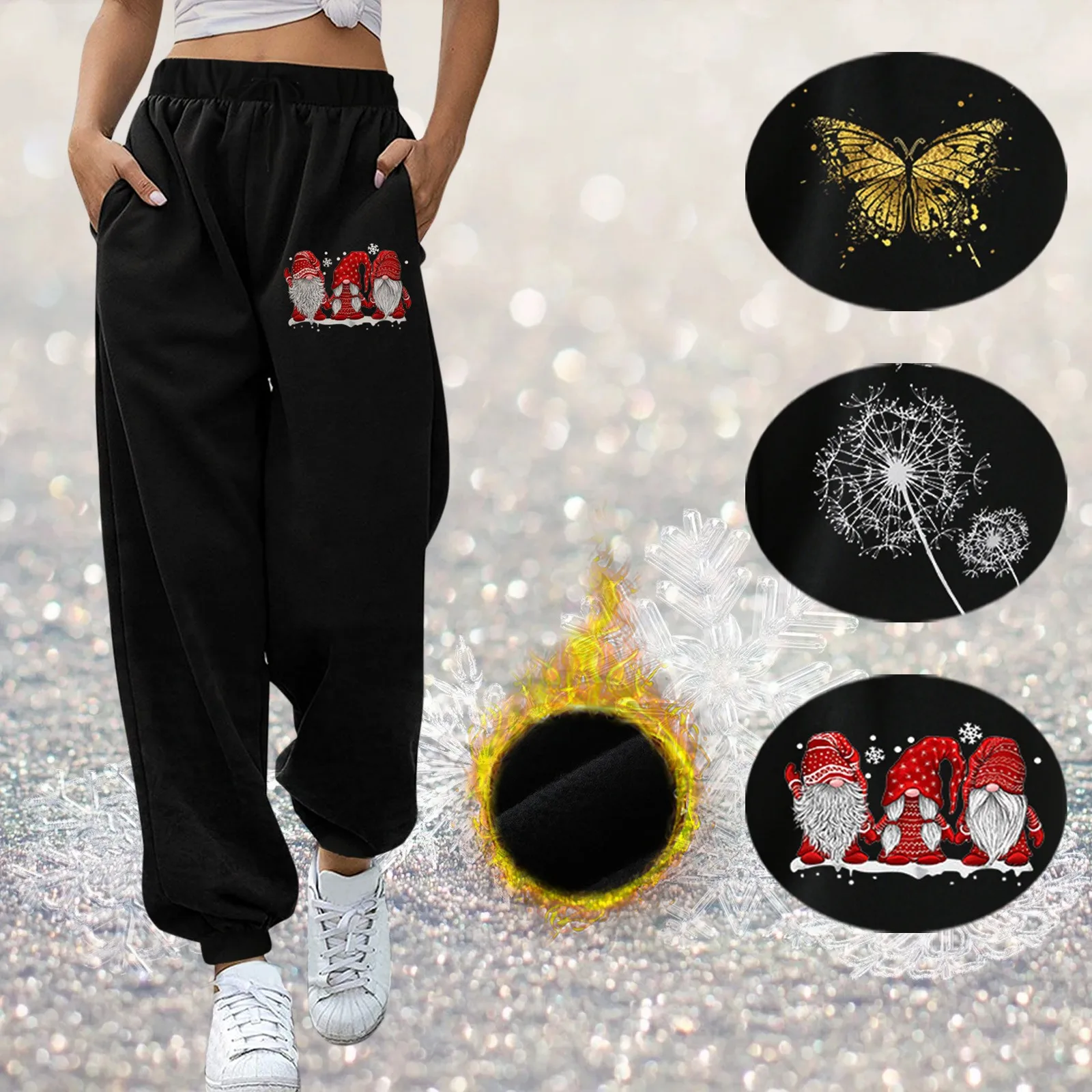 

Autumn Winter Pants Women Oversized Black Print Baggy Trousers Thick Plush Jogging Femme Pantalon Warm Elastic Waist Sweatpants