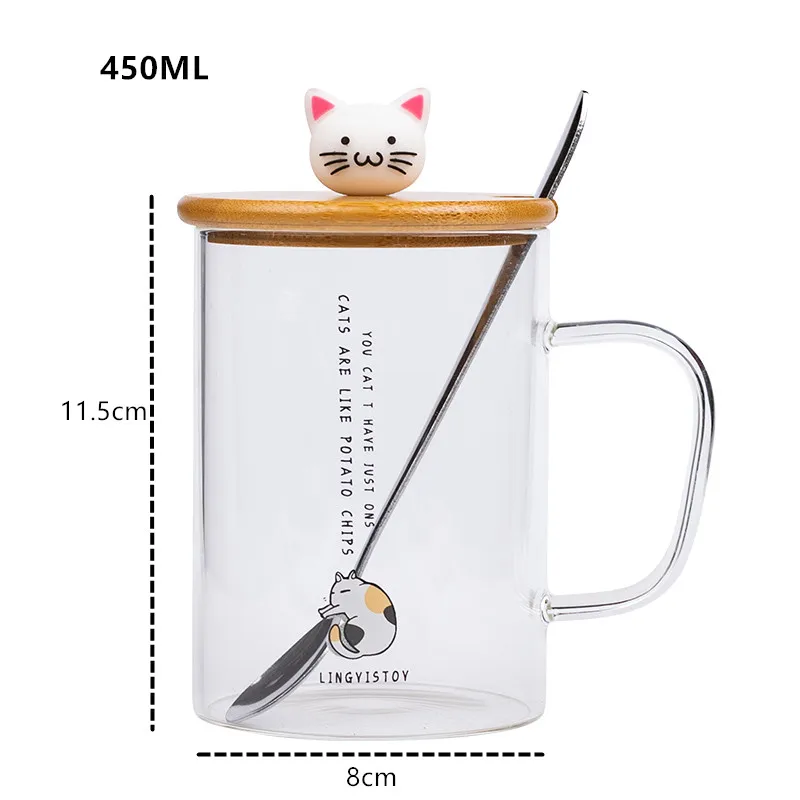 

450ml Cute Cat Glass Mugs With Spoon and Lid Coffee Tea Milk Breakfast Cups With Handle Drinkware Nice Gifts
