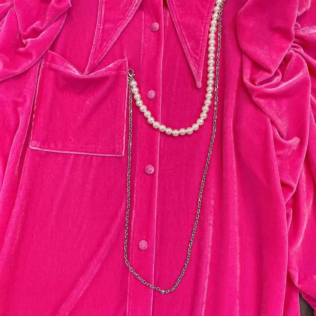 

ZCSMLL 2021 Winter Lapel Vestido Women Bubble Shoulder Long Sleeve Pocket Chain Pearl Decoration Velvet Mid-length Shirt Dress