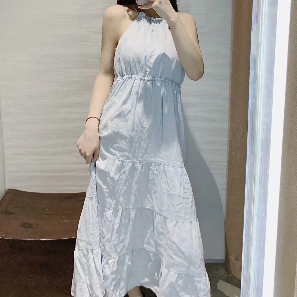 

ZA 2021 Summer women Off Shoulder hanging Dresses Baggy sexy backless Tie-string Vestidos casual loose sleeveless Midi Dress