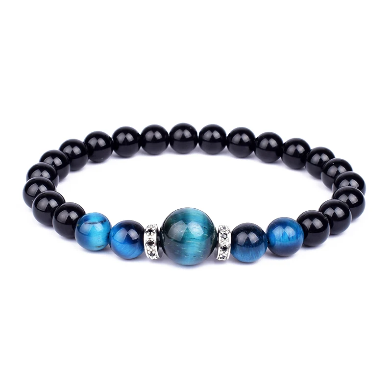 

Natural Stone Bracelets Men Royal Blue Tiger Eye Bracelets Healthy Energy Bangle Fashion CZ Charm Black Onyx Beads Pulsera