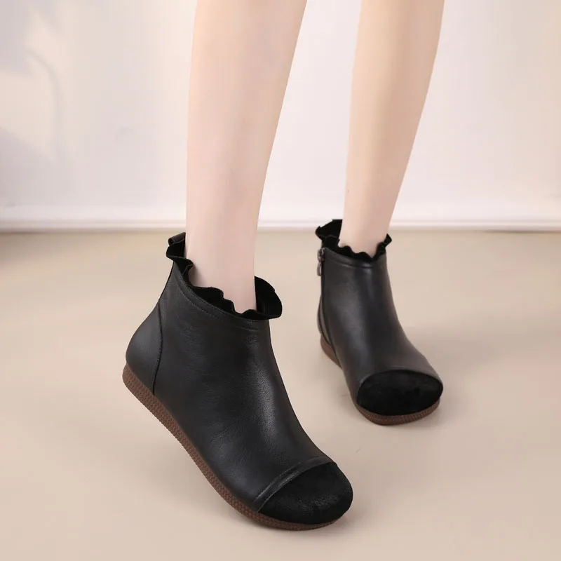 

DRKANOL Fashion Genuine Leather Women Ankle Boots Autumn Winter Warm Shoes Women Handmade Retro Side Zipper Casual Boots Female