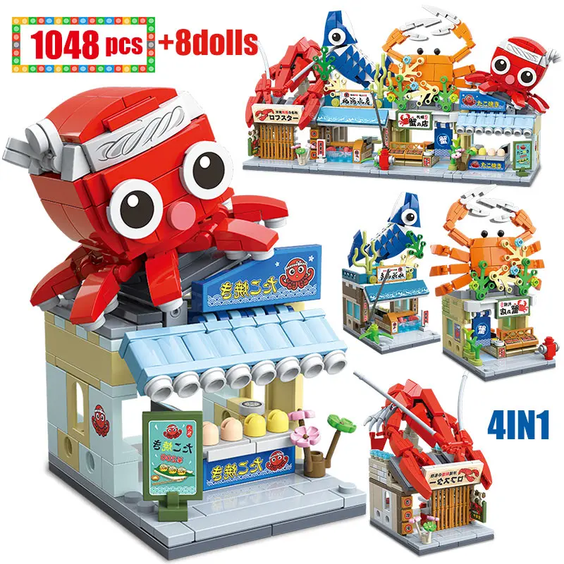 

City Street View 4 in 1 Japanese Architecture Style Seafood Store Building Blocks Friends Food Shop Figures Bricks Toys For Kids