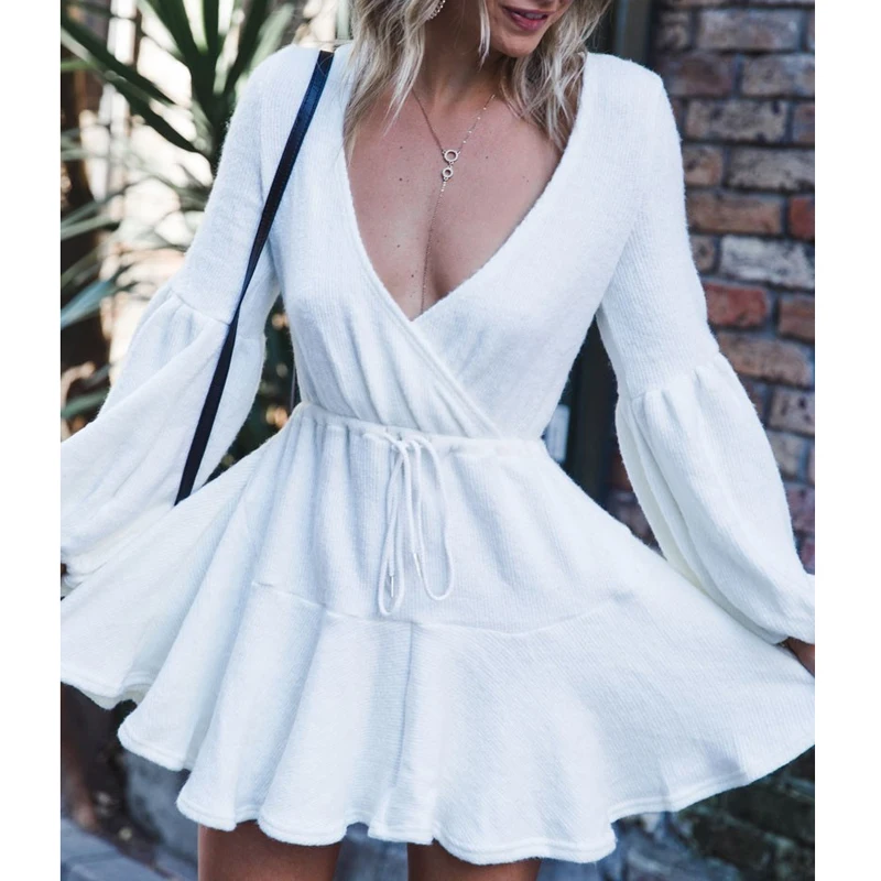 2020 New Women V Neck Ruffle Knitted Sweater Dress Autumn Winter Lace Up Short Dresses Casual Long Sleeve Solid A-Line | Женская одежда