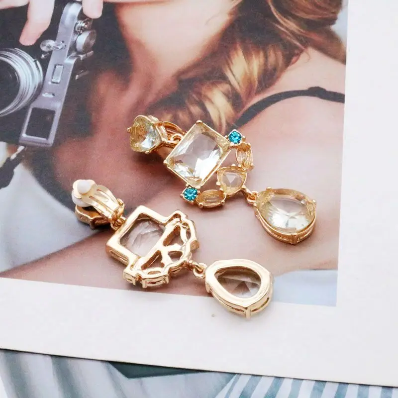 Free Shipping New Elegant Glass Stones Geometric Clip Earrings Statement