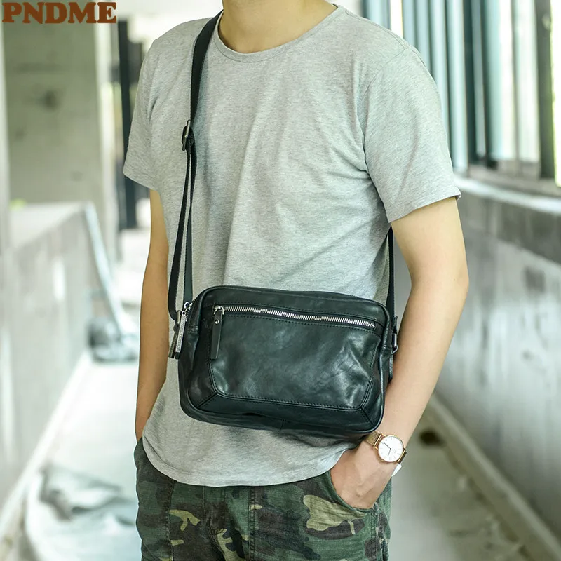 PNDME fashion outdoor party genuine leather men's shoulder bag weekend daily natural first layer cowhide black crossbody bag