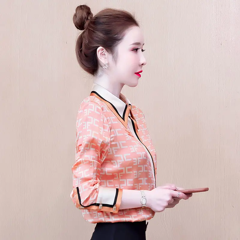 

Neckline color matching long-sleeved shirt women 2021 spring new satin shirt feminine blouse