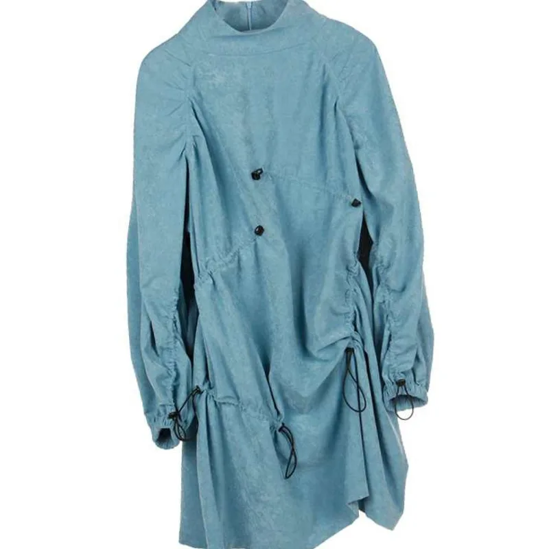 

Blue All-match Dress For Women Fashion Tide 2021 Autumn New Elegant Stand Collar Long-sleeved Bandage Mini Loose