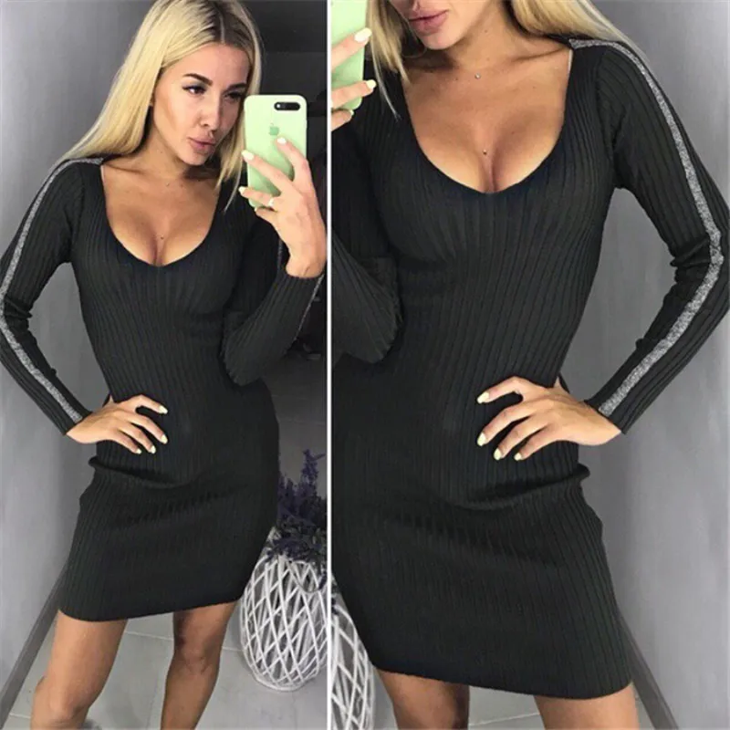 Женское трикотажное платье большого размера с v-образным вырезом облегающее