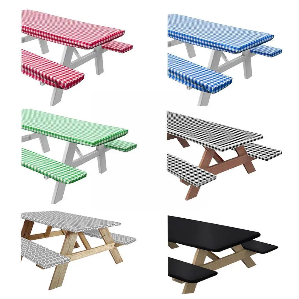 

3PCS/set Vinyl Picnic Table And Bench Fitted Tablecloth Cover Checkered Design For Home Kitchen Restaurant Picnic Tables A5Y8
