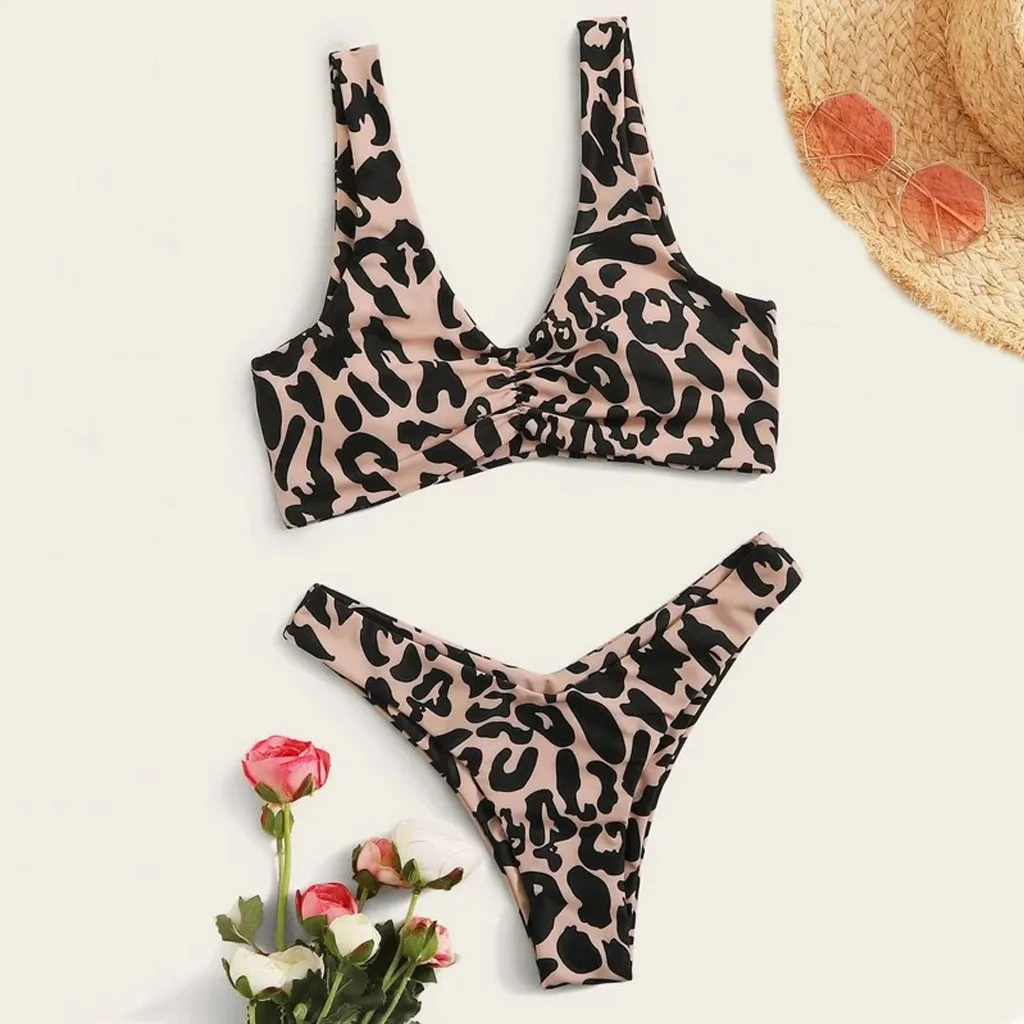 Сексуальный черный леопардовый купальник женский с перекрестными ремешками