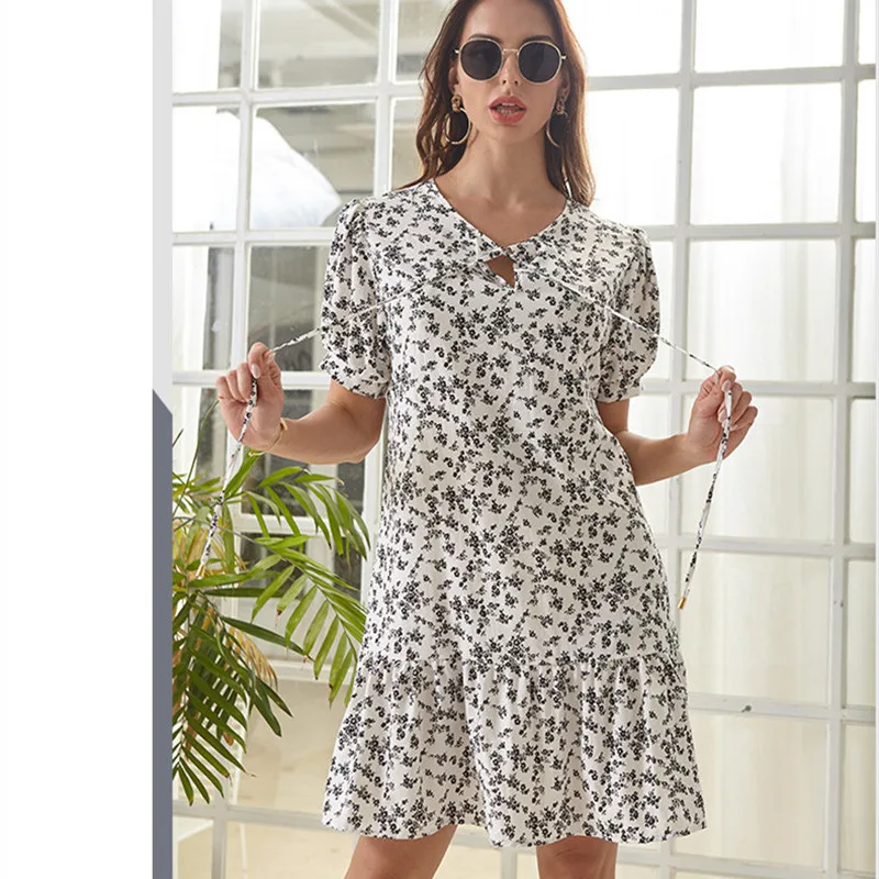 

Summer New Arrival Women Casual Mini Dress 2020 Elegant Print V-neck Puff Sleeves Slim Dresses