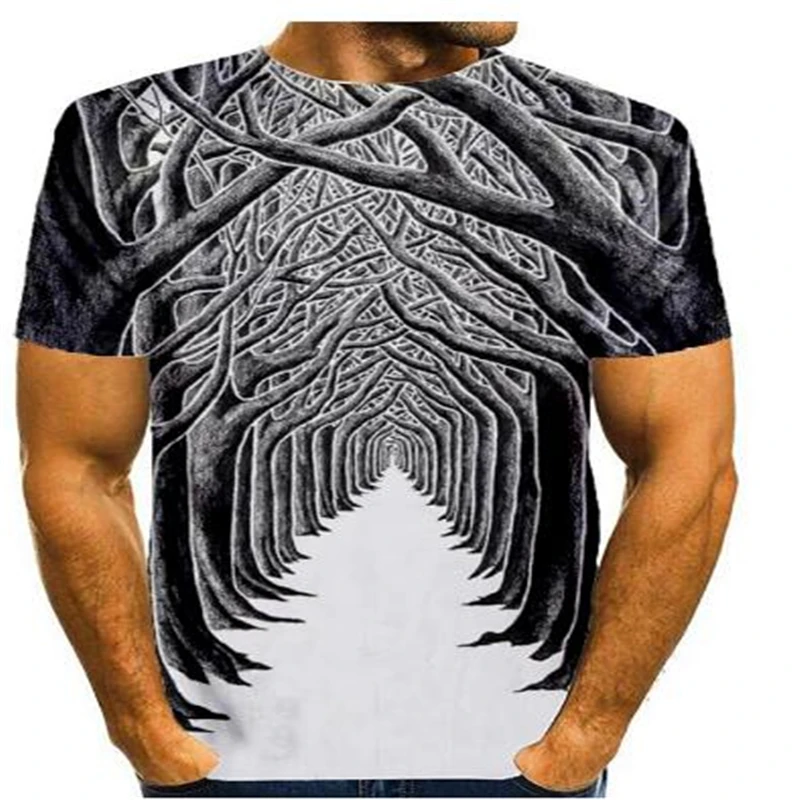 

Men's Top Short Sleeve T-shirt 3D Tunnel Graphics Black Grey Printed Pattern Casual Round Neck Men's T-shirt Streetwear