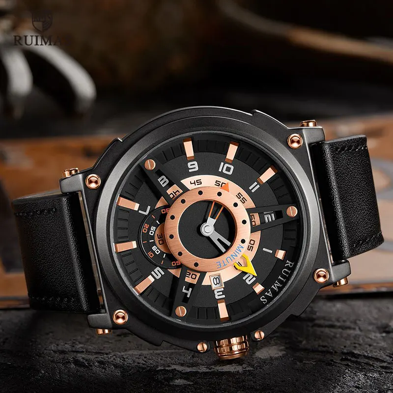 Мужские часы Ruimas брендовые Роскошные Водонепроницаемые наручные с кожаным
