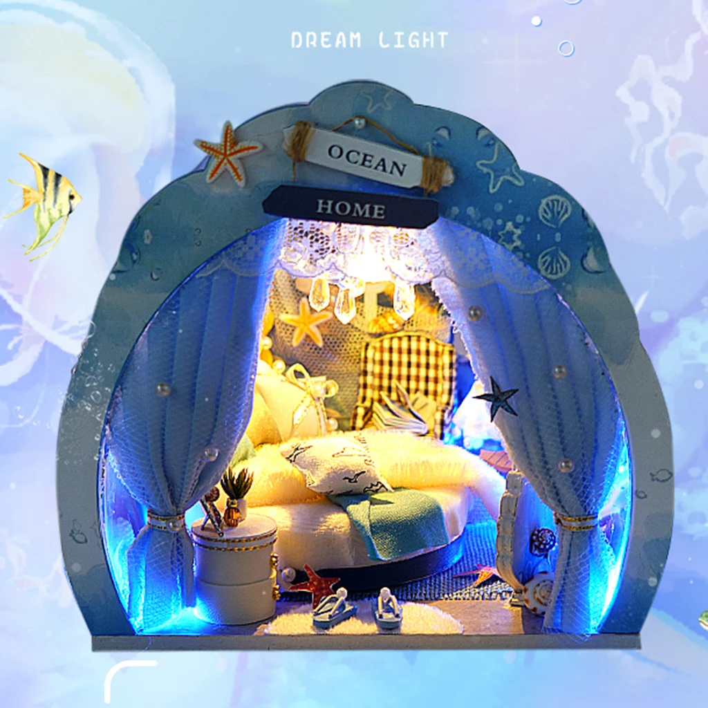 

Деревянный миниатюрный кукольный домик, синяя мебель, фантастическая игрушка для детей и взрослых, подарок