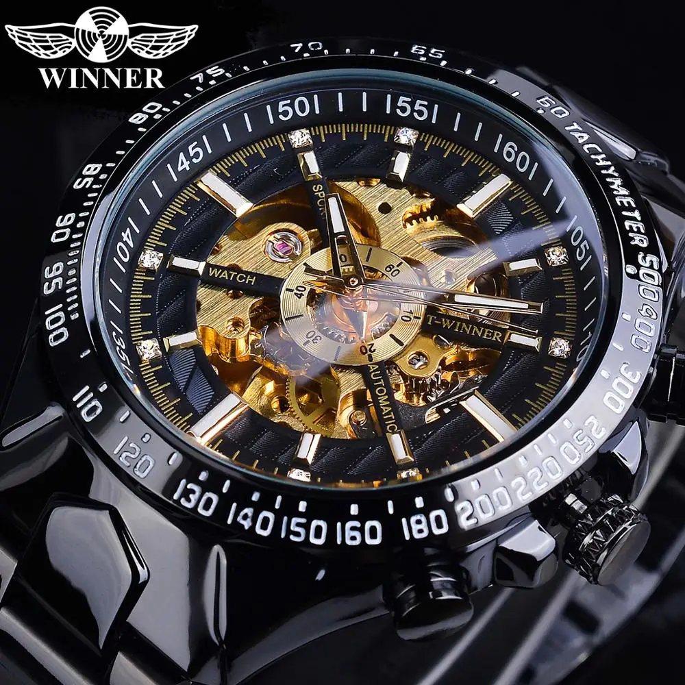 Winner Diamond Skeleton Dial Automatic Watch Black Golden Luminous Waterproof Stainless Steel Business Mechanical Wristwatch