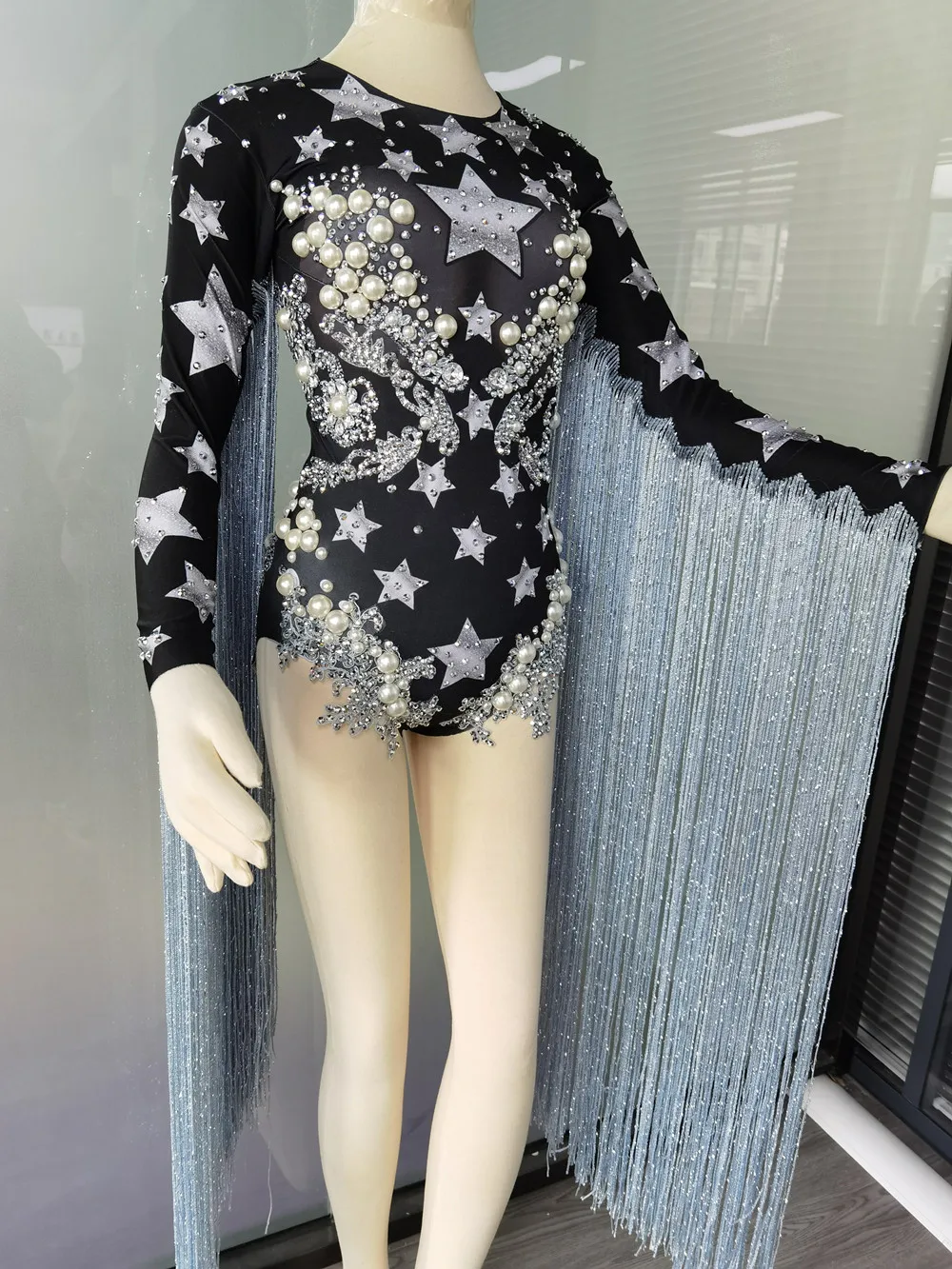 Designer Fashion Rhinestone Pearl Long Tassel Dancer Bodysuit Women Stretch Crystal Fringes Party Jumpsuit Singer Stage Costumes