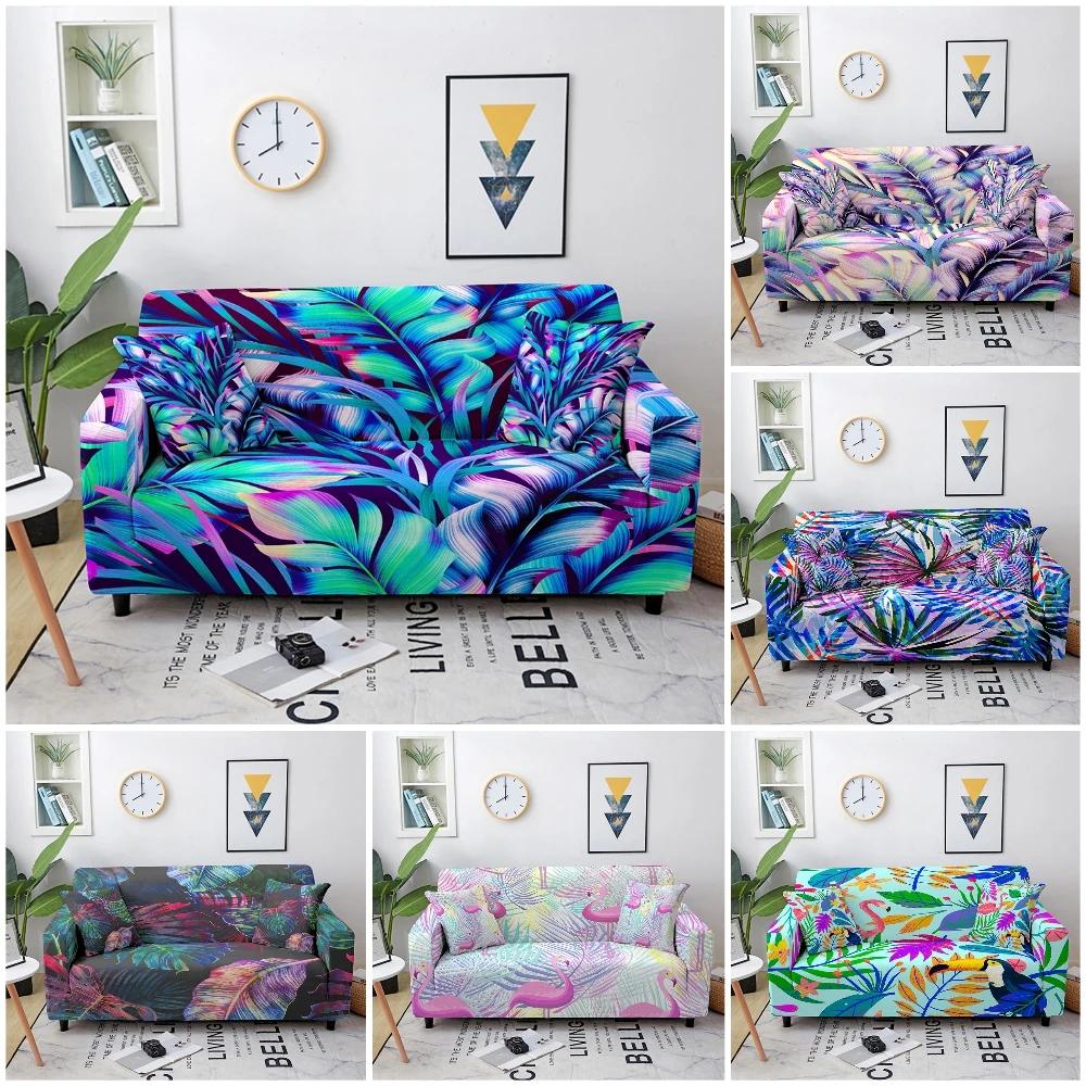

Flamingo Leaf Printed Sofa Cover Elastic Spandex Sofa Slipcovers for Living Room Fully Wrapped Anti-Dust Couch Cover L-shape
