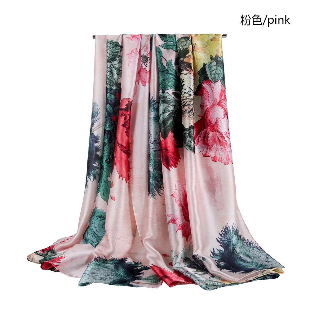 

90X180cm Polyester Printing Imitation Silk Satin Peony Flower Bohemian Beach Towel Thin Shawl Scarf Muslim Hijab for Women