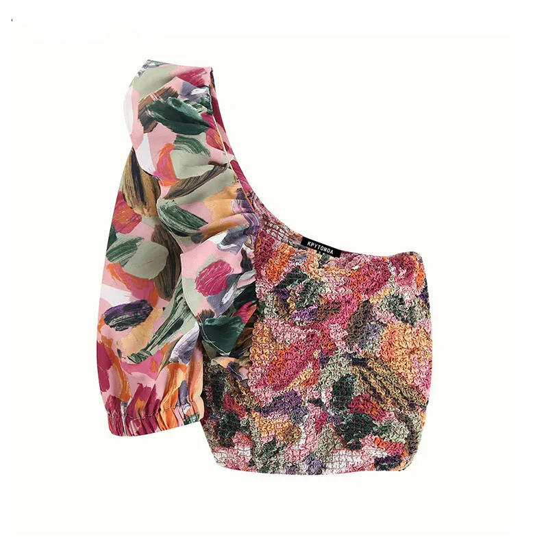 Модное на одно плечо плиссированная Сексуальная Укороченная рубашка Ретро мода