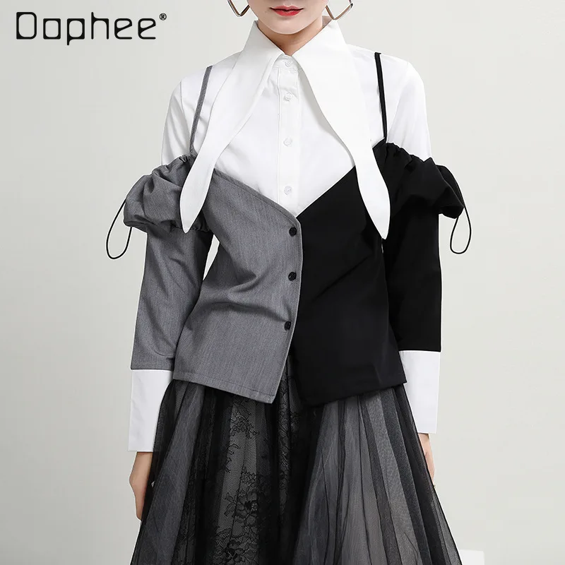 

Новинка Весна 2021 женская рубашка из двух частей с контрастными цветными вставками с острым воротником и ремешком с имитацией двух частей же...